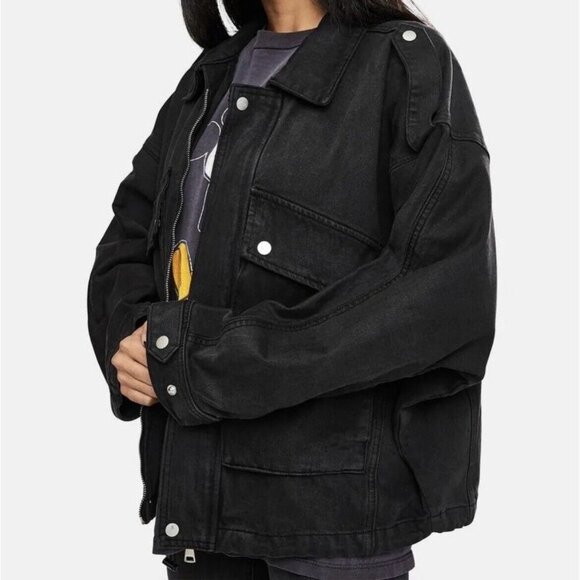 Neon Blonde High Flyer Oversized Denim Jacket Washed Black - Picture 2 of 10